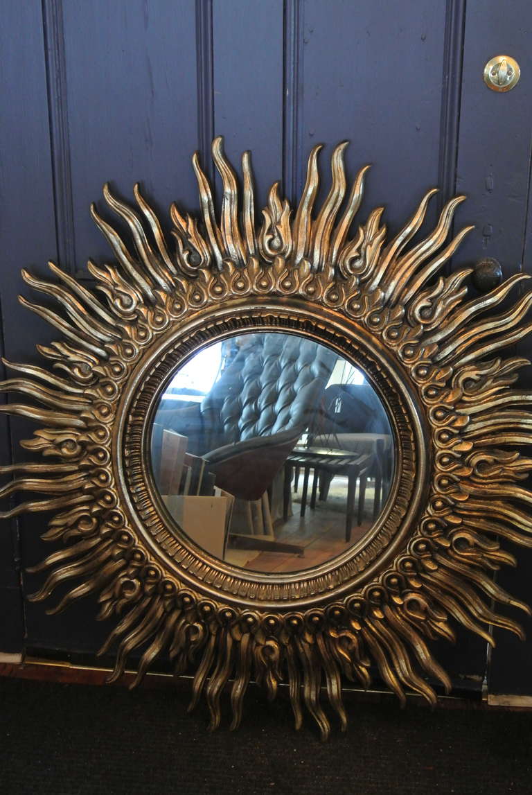 Mid-Century Modern Large Convex Mirror on Gilded Resin Sunburst Frame