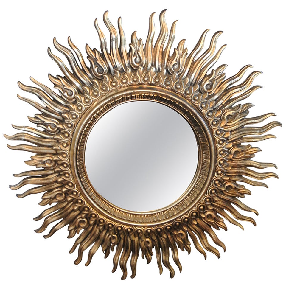 Large Convex Mirror on Gilded Resin Sunburst Frame