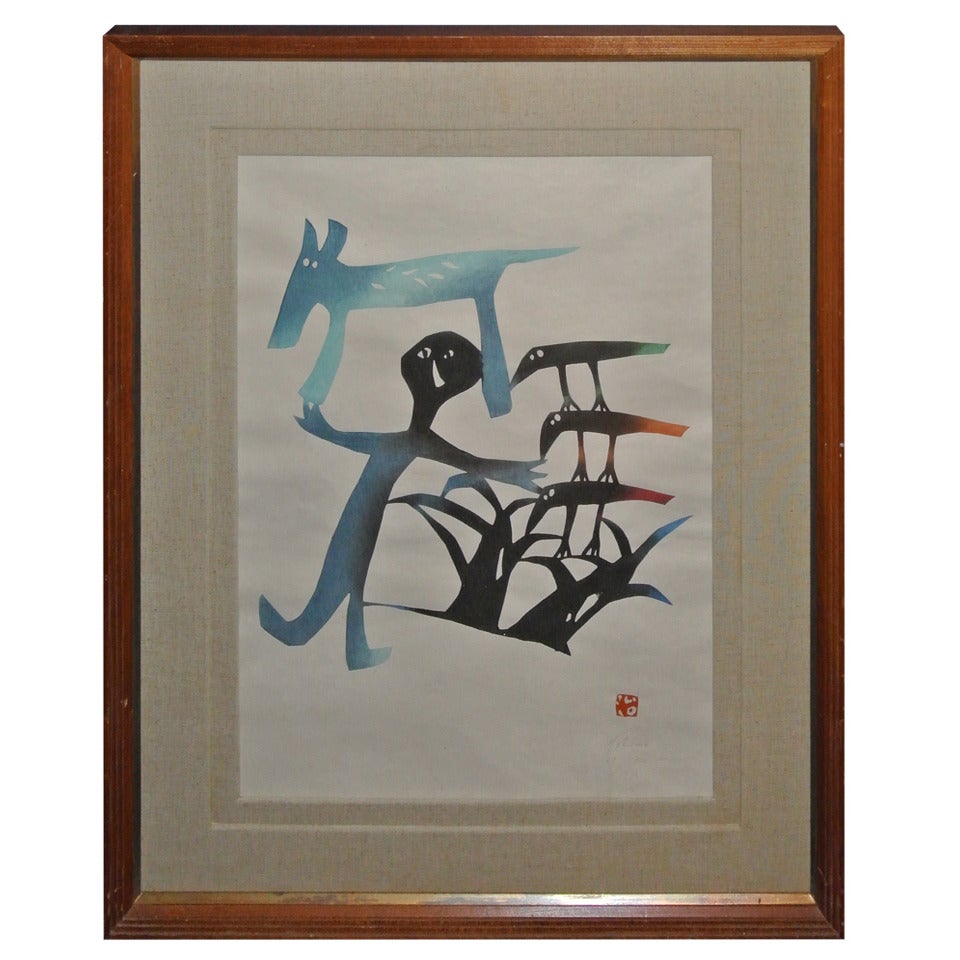 Mikumo 20th Century Japanese Woodblock Abstract in Pencil Signed 1970