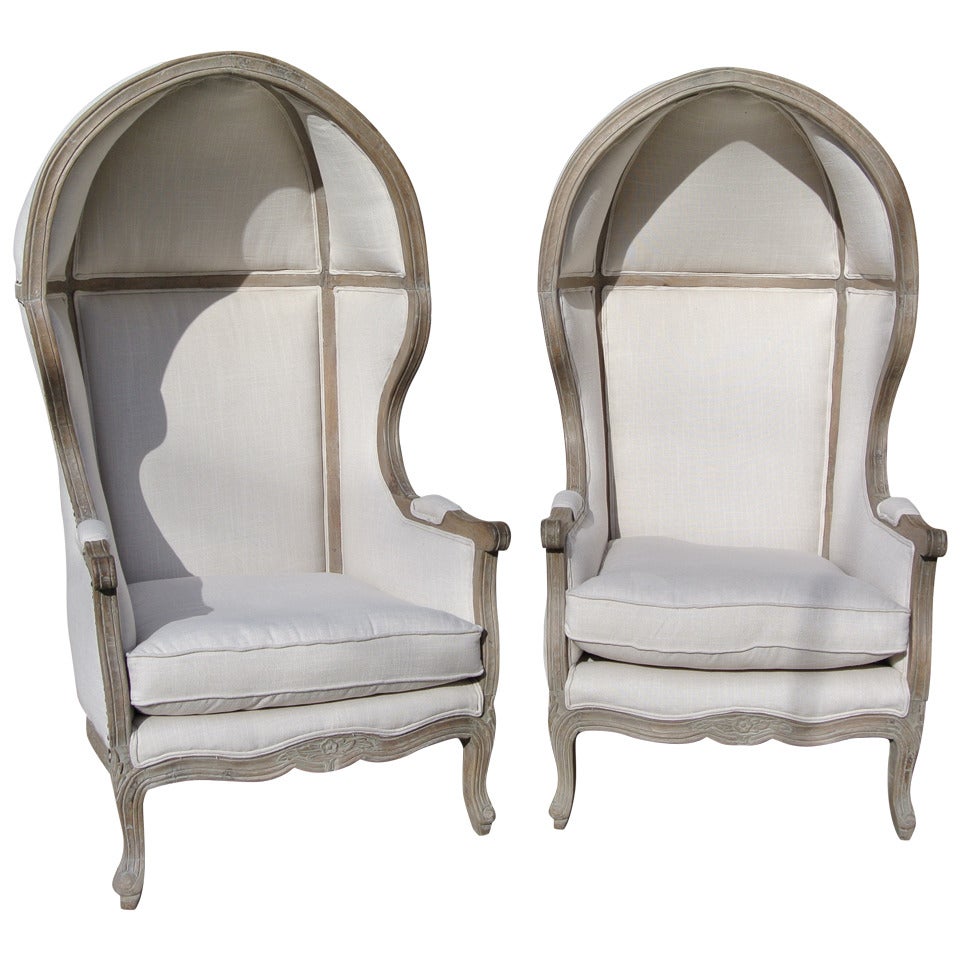 Pair of French White Linen Canopy Hood Bishops Chairs For Sale