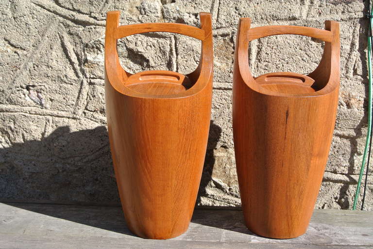 Beautiful pair of Danish Teak Ice Buckets by Jens Quistgaard for Dansk w. Original liner