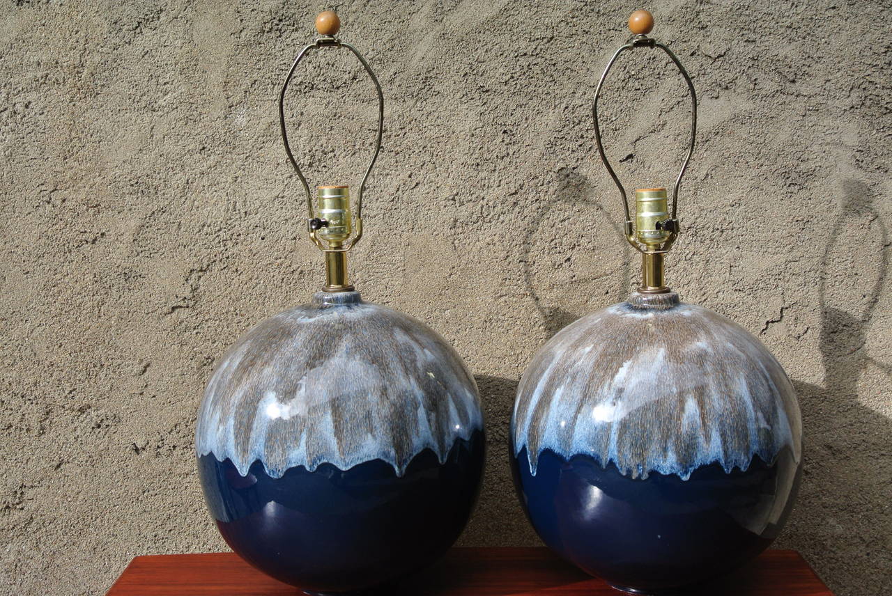 Pair of Large Bulbous Ceramic Drip Glaze Table Lamps.