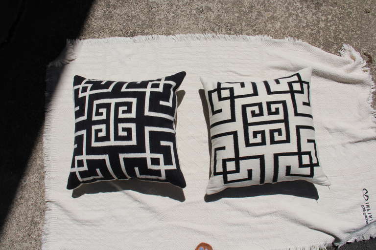 Pair of Gothic Key Black and White Throw Pillows in Scottish Wool at