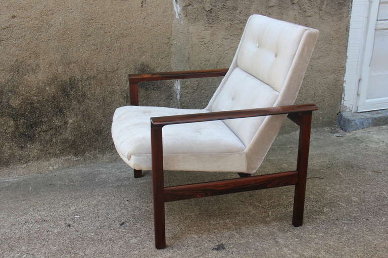Rosewood chair by Hans Olsen for Vatne Mobler newly upholstered in silk velvet.