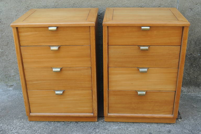 Newly refinished chest of drawers or nightstands by Edward Wormley for Drexel. Four drawers with polished bronze pulls.