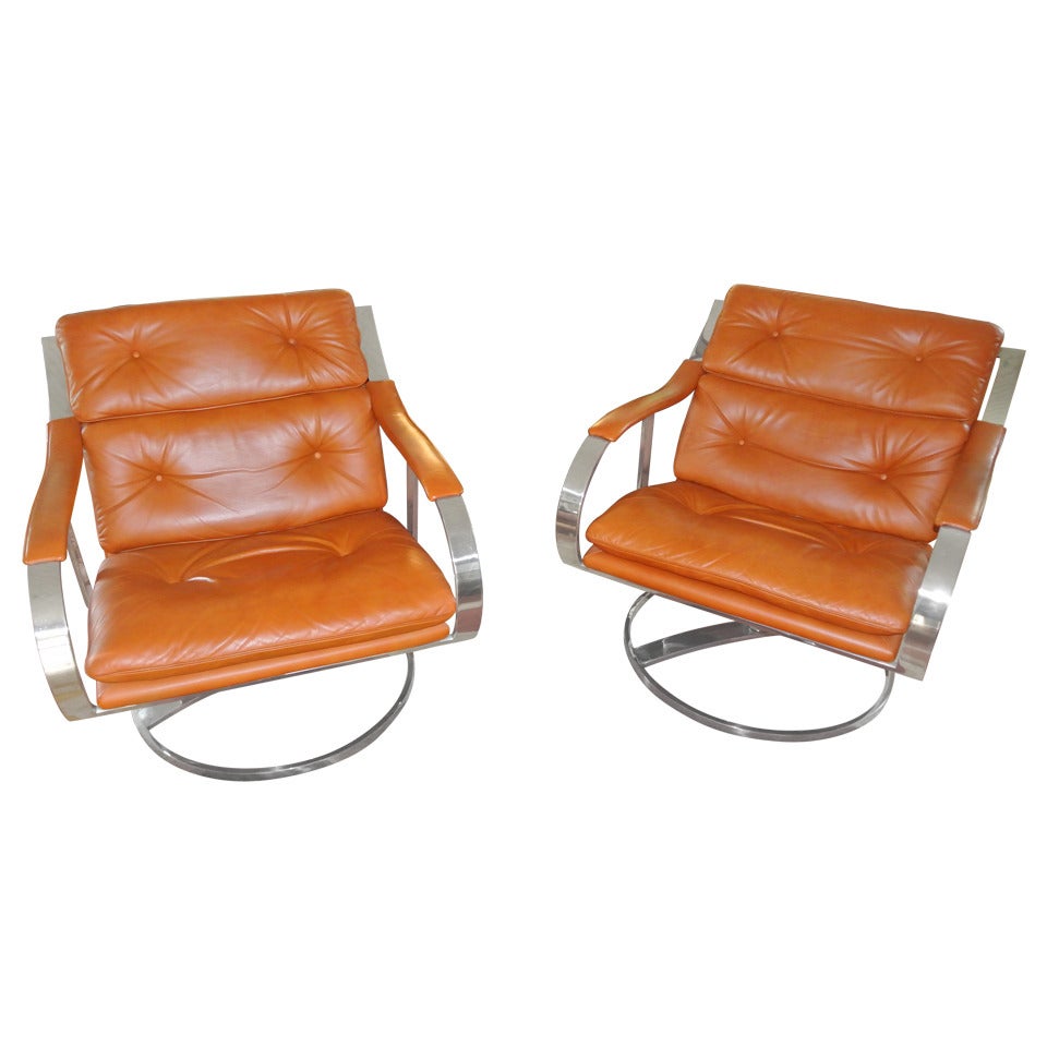 Gardner Leaver for Steelcase Oversized Nickel and Leather Club Chairs For Sale