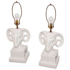 Pair of Porcelain Ceramic Ram's Head Decorator Lamps 4
