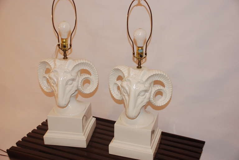 Pair of Porcelain Ceramic Ram's Head Decorator Lamps at 1stDibs rams