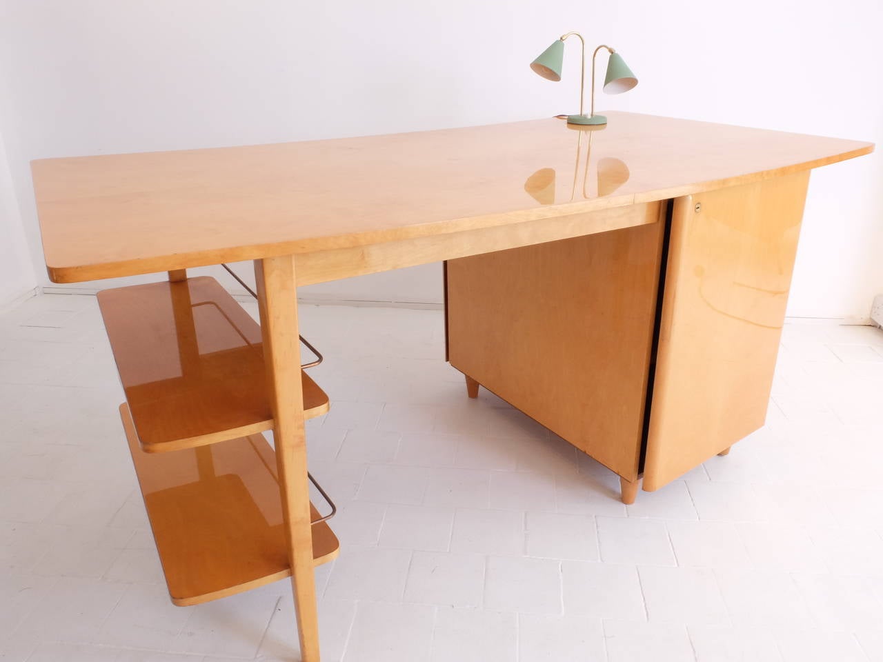 Belgian Mid-Century Double-Sided Executive Birch Desk Imexcotra For Sale