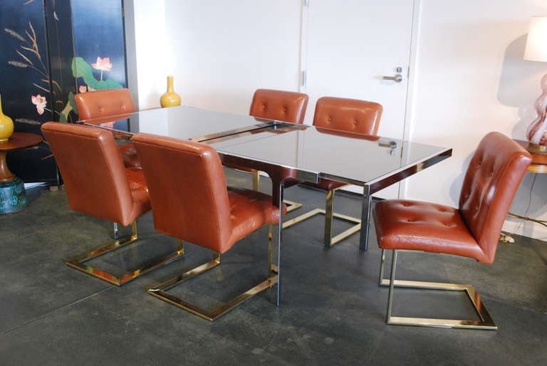 Pierre Cardin Signed Chrome and Mirrored Glass Extendable Dining Table In Excellent Condition In Los Angeles, CA