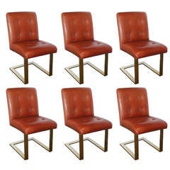 Six Milo Baughman Brass and Leather Cantilevered Chairs