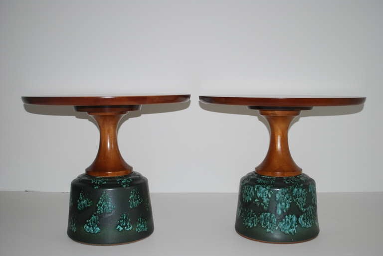 American Pair of John Van Koert Ceramic Based Round Side Tables