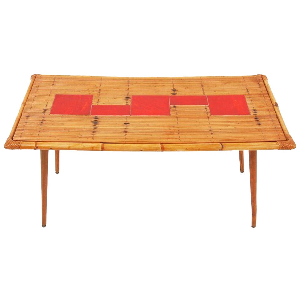 Roger Capron Rattan and Tile Low Table For Sale