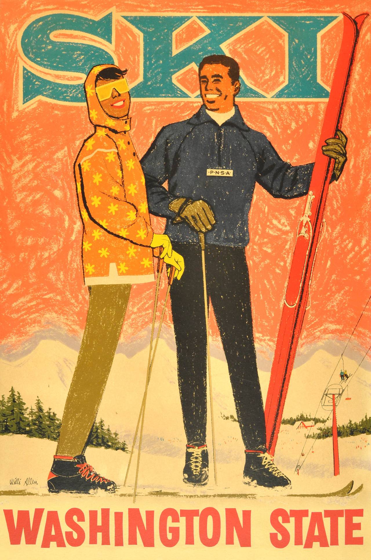 Original vintage poster advertising skiing in Washington State. Colourful image of a fashionably dressed couple, the man wearing a jacket with the initials PNSA (Pacific Northwest Ski Association) on it, standing next to a lady on skis wearing a