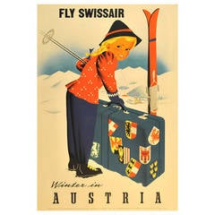 Original Vintage Ski Poster Promoting Winter Sports in Austria, Fly Swissair