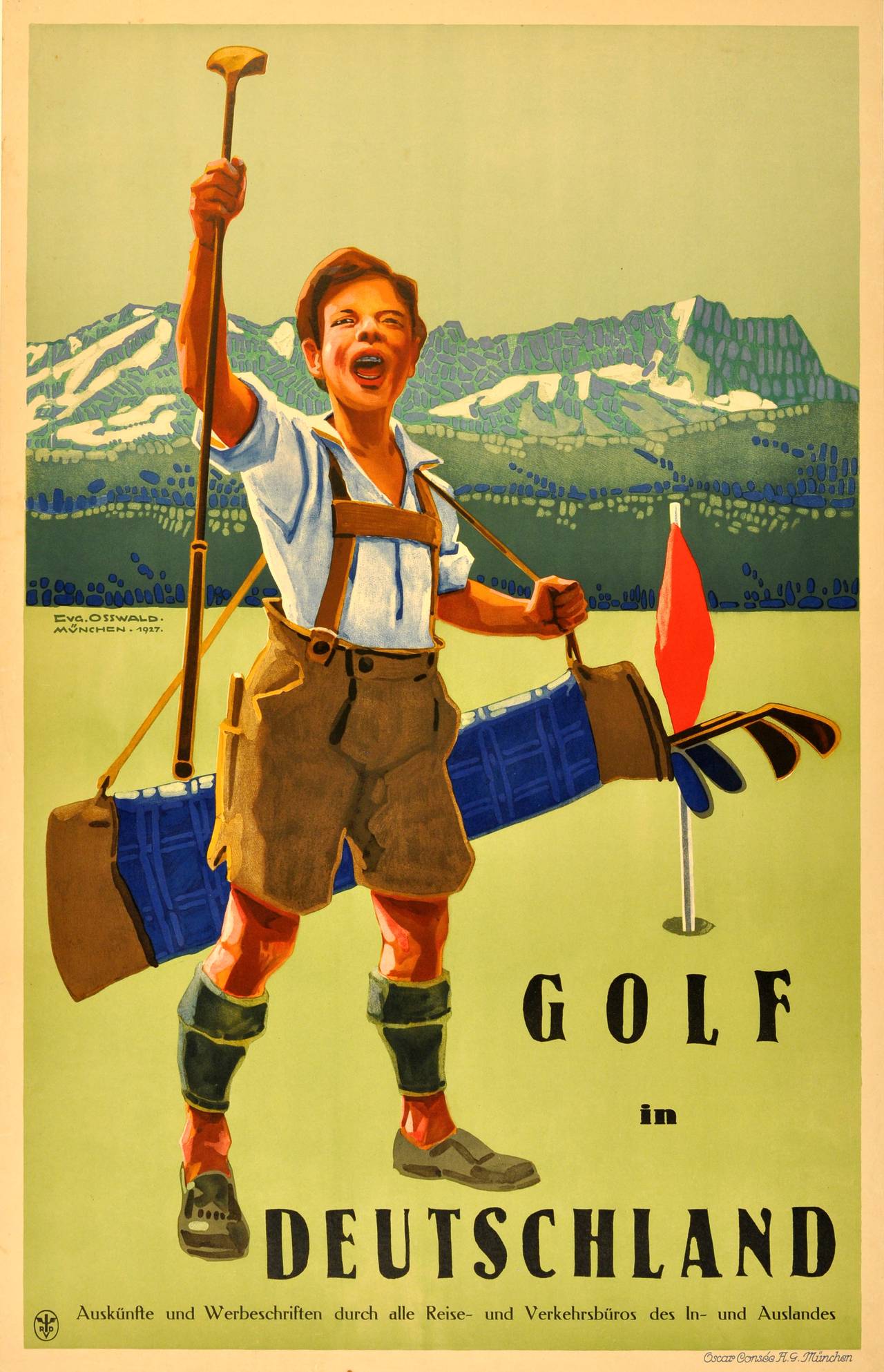 Original vintage poster promoting golf in Germany - Golf in Deutschland, featuring a young boy as a golf caddy wearing lederhosen holding up a golf club next to a hole, the red flag and mountains in the background. Design by Evgenie Osswald, Munich
