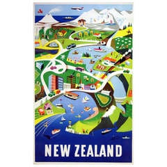 Original 1960 New Zealand Travel Advertising Poster featuring Colourful Images of the Countryside including Outdoor Sports (Affiche publicitaire de voyage pour la Nouvelle-Zélande avec des images colorées de la campagne et des sports de plein air)