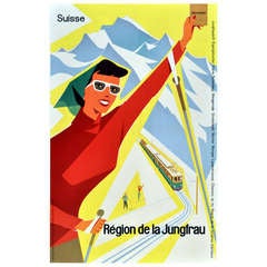 Original Retro Ski Poster Advertising the Jungfrau Region Switzerland by Train