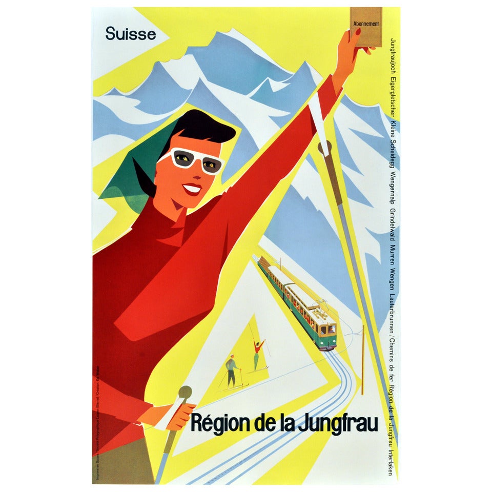 Original Vintage Ski Poster Advertising the Jungfrau Region Switzerland by Train