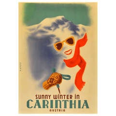 Original Alpine Skiing Poster Advertising a Sunny Winter in Carinthia, Austria