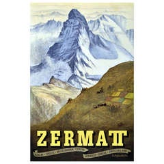 Retro Original Travel Advertising Poster for Zermatt, Switzerland, featuring the Matterhorn by Swiss artist Emil Aufdenblatten