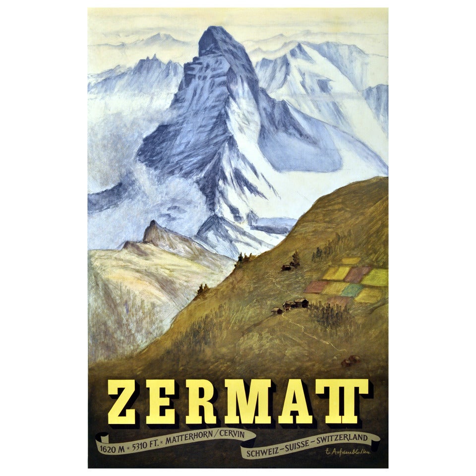 Original Travel Advertising Poster for Zermatt, Switzerland, featuring the Matterhorn by Swiss artist Emil Aufdenblatten