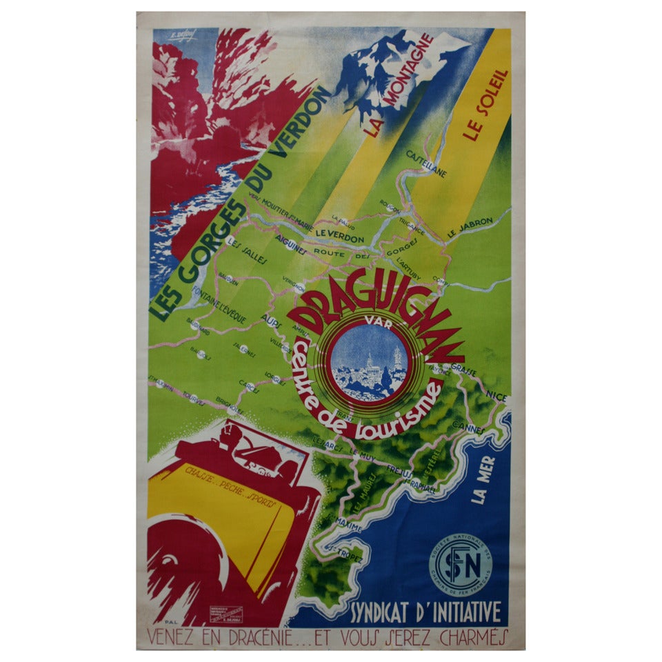 Original Art Deco Travel Poster for Draguignan France, Sun Sea Mountains Map