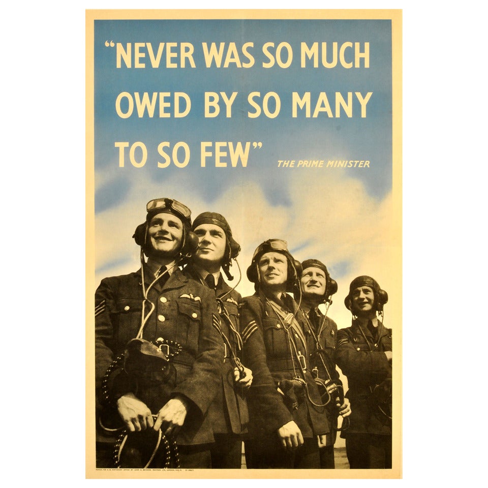 Original World War Two Battle of Britain poster featuring RAF Pilots and a Winston Churchill Quote