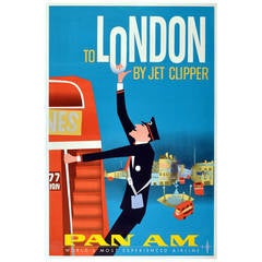 Original Retro Travel Advertising Poster - To London by Jet Clipper, Pan Am