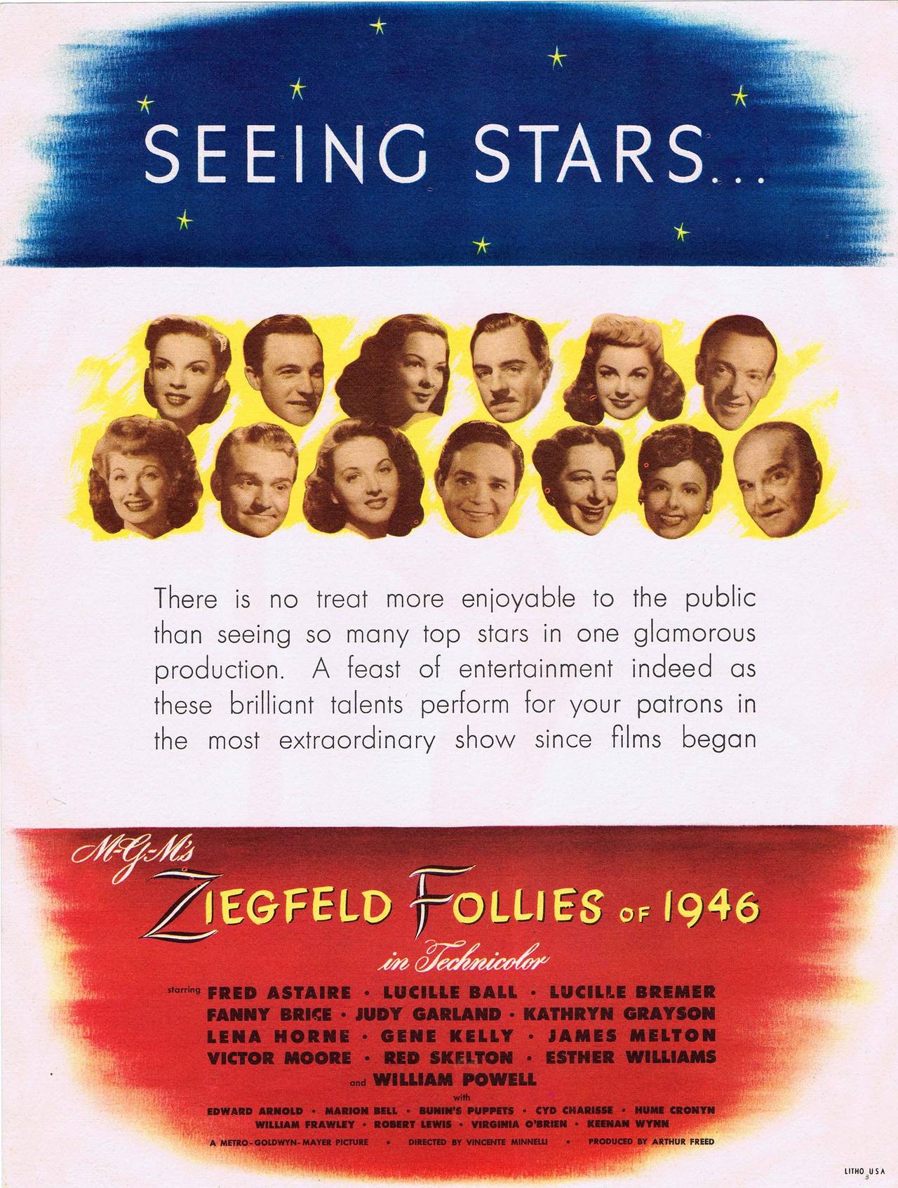 Set of four original trade cards for a US musical film, Ziegfeld Follies of 1946, featuring an all star cast: Fred Astaire, Judy Garland, Lucille Ball, Lucille Bremer, Gene Kelly and others. Directed by Roy Del Ruth and Vincente Minnelli, produced