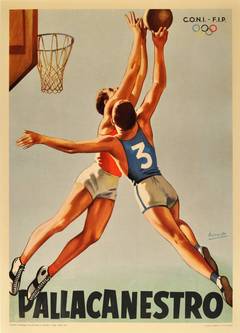 Affiche sportive originale de 1963 : Pallacanestro - Basket-ball:: Jeux olympiques italiens