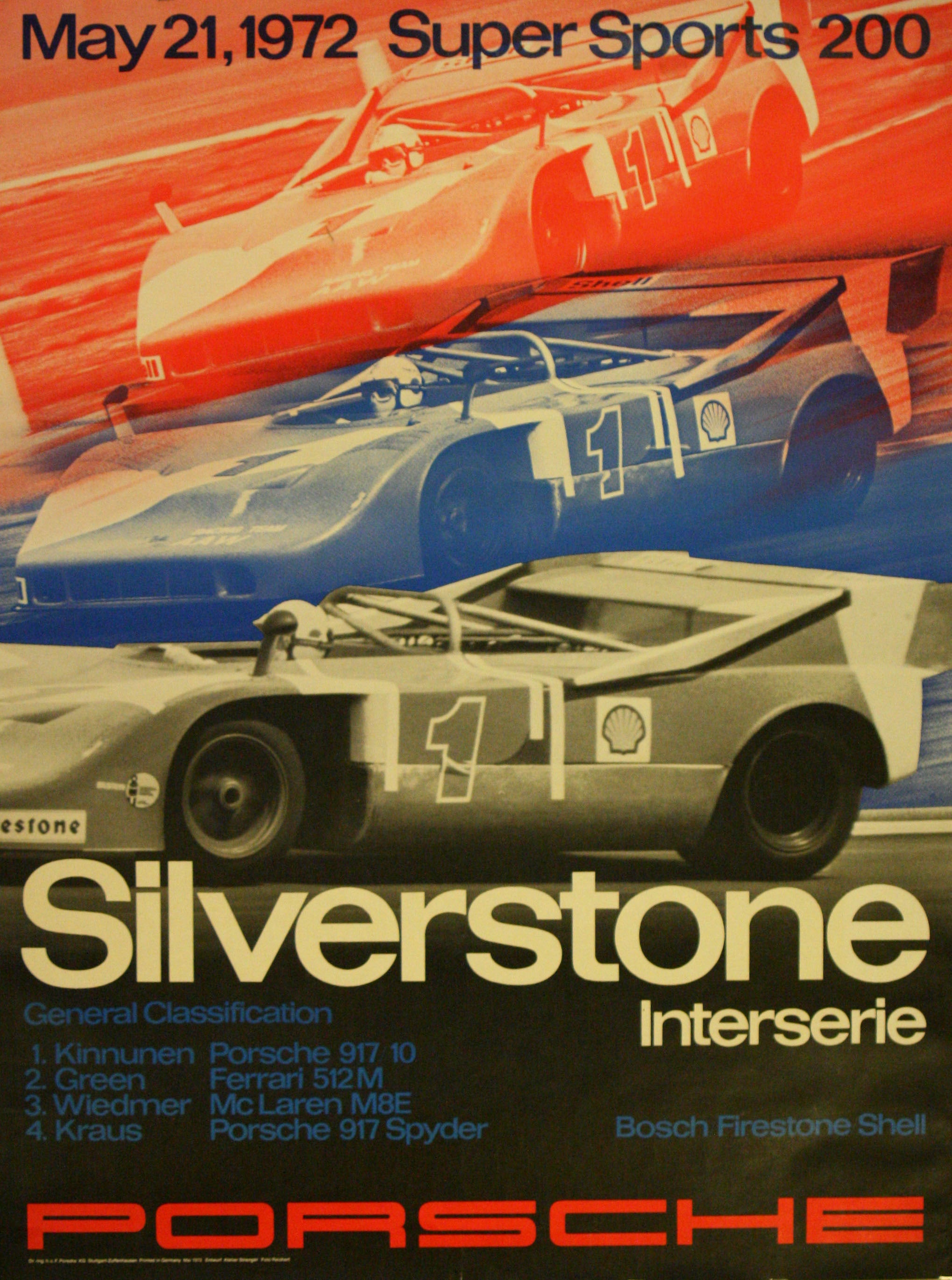 Original Vintage Car Racing Poster For Porsche Silverstone 1972, Super Sports 200, Sponsored by Bosch Firestone Shell
