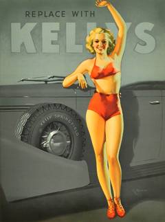Original 1930s Art Deco Pin-Up Style Advertising Poster: Kelly Springfield Tyres