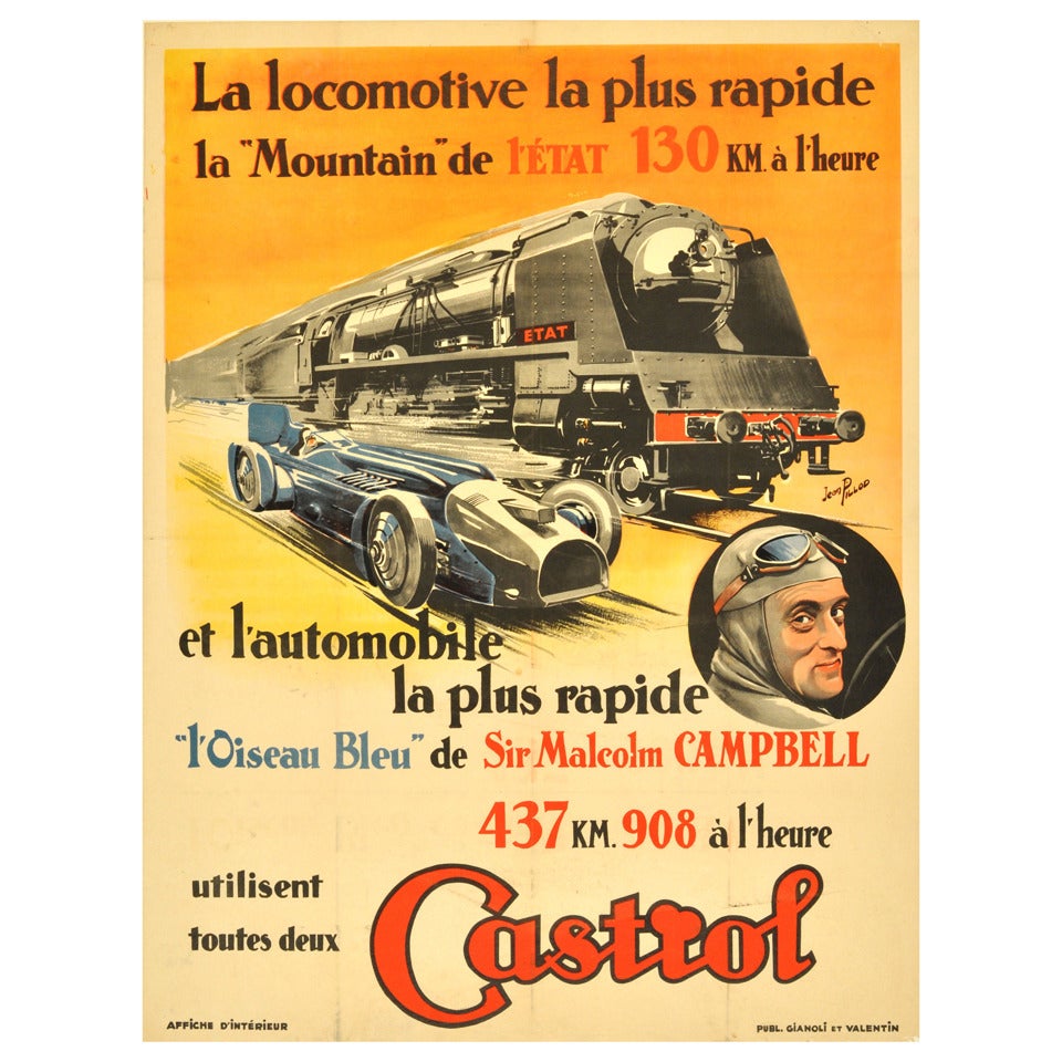 Original Vintage Car Racing Poster Issued By Castrol Featuring A Steam Train And Sir Malcolm Campbell's Bluebird