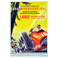 Original Vintage Car Racing Poster for the Internationaler ADAC Bergrekord 1951, Featuring a Red F1 Ferrari 375 and Motorcycle