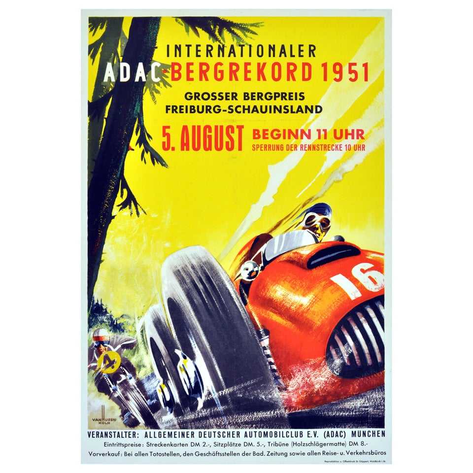 Original Vintage Car Racing Poster for the Internationaler ADAC Bergrekord 1951, Featuring a Red F1 Ferrari 375 and Motorcycle
