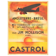 Rare Original Vintage Art Deco Poster Commemorating an Aviation Achievement by Jim Mollison, England to Brazil