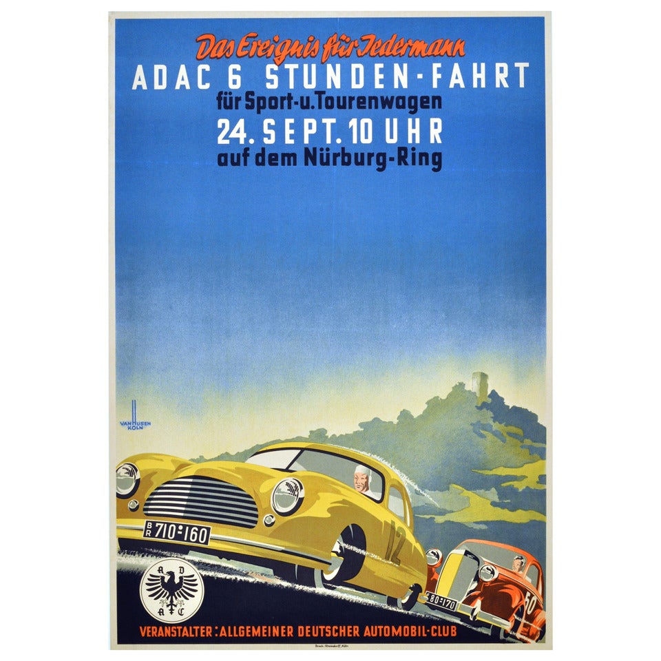 Original Vintage 1950 Poster for the ADAC 6 Hour Car Race at Nurburgring, Image of Maserati and Mercedes