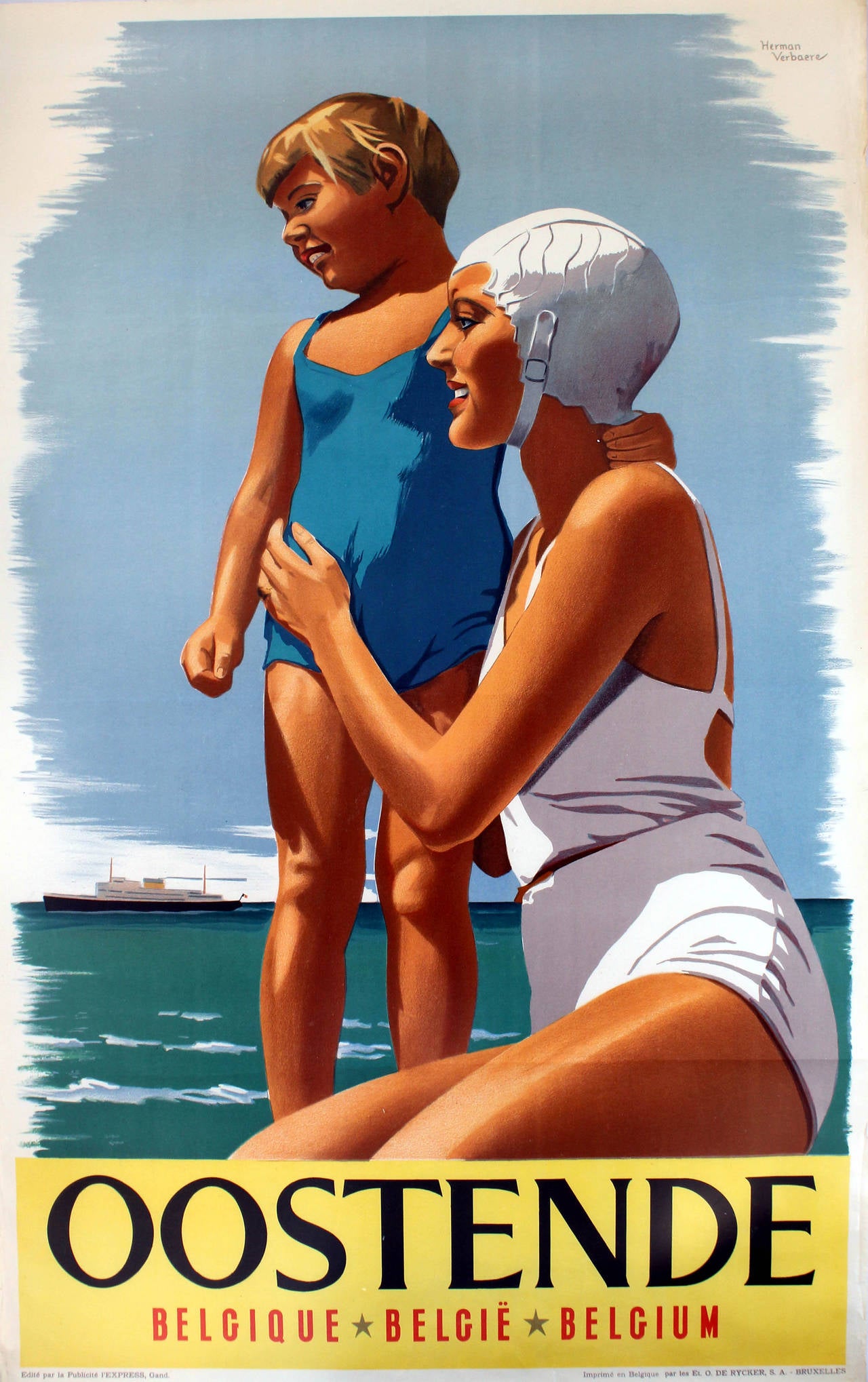 Original Vintage Travel Poster: Oostende Belgium - Swimmers By Herman  Verbaere at 1stDibs