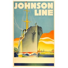 Original Vintage 1930s Art Deco Travel Poster Printed by the Swedish Johnson Line Shipping Company