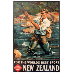 Original Vintage Travel Poster, New Zealand Fly Fishing, the World's Best Sport