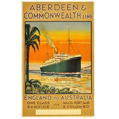 Vintage Original 1930s Aberdeen & Commonwealth Cruise Line Poster, England to Australia