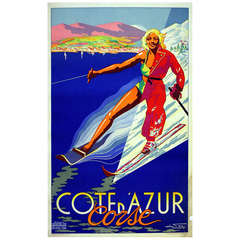 Original Vintage 1930s poster for Cote d'Azur Corse featuring summer waterskiing and winter skiing sports