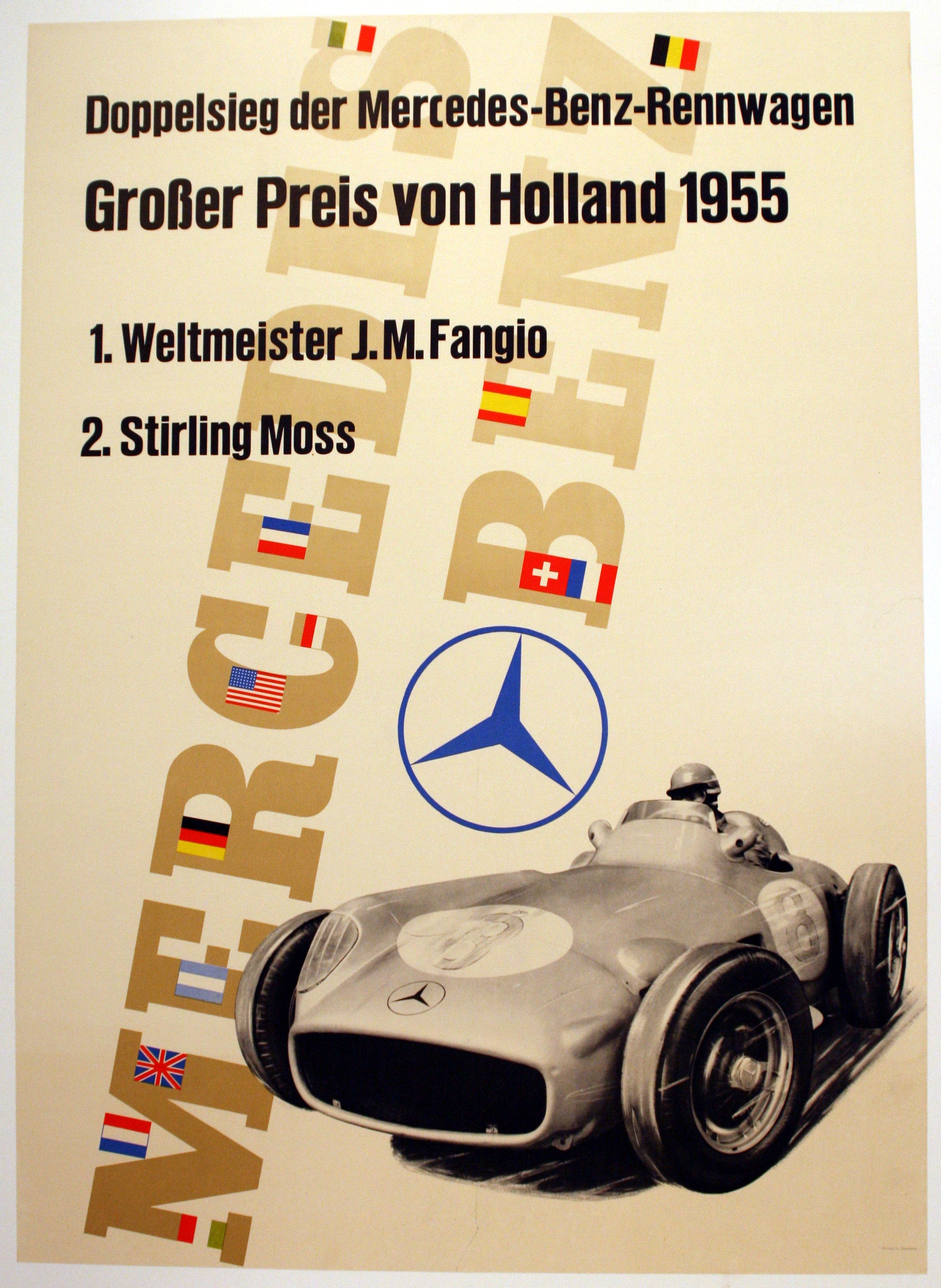 Original Vintage F1 Racing Poster Mercedes Benz Victory 1955 Holland Grand Prix