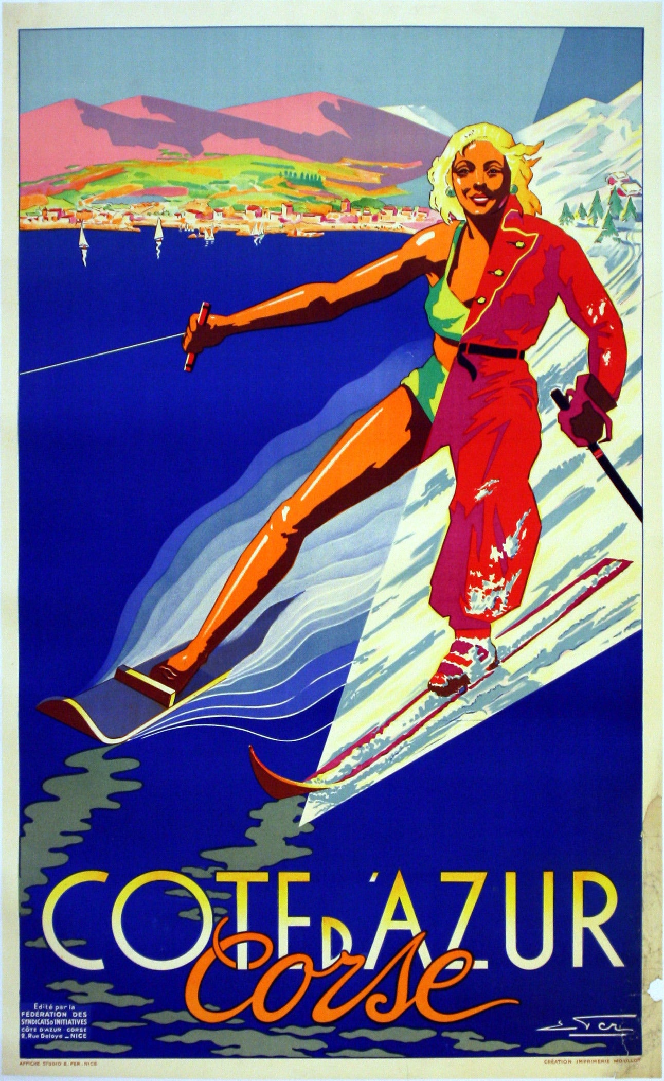 Original vintage 1930s poster for Cote d'Azur Corse featuring summer waterskiing and winter skiing sports
