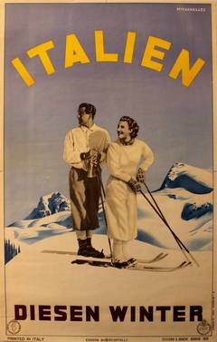 Vintage Rare Early Original Italian State Travel Agency Ski Poster: Italy This Winter