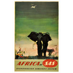 Original Travel Poster, Africa by Scandinavian Airlines System (SAS) - Elephants