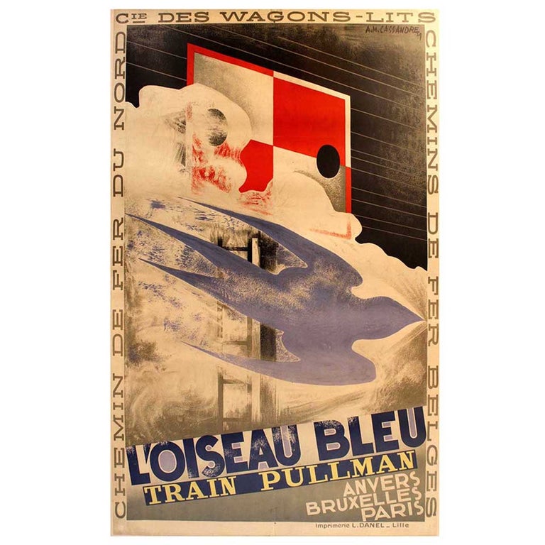 Original Vintage 1929 Art Deco Pullman Train Poster by Cassandre - L'Oiseau Bleu For Sale