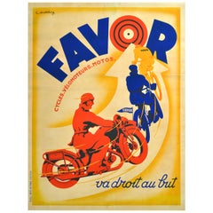 Affiche vintage originale Art déco, Favor Motorcycles & Cycles, France To The Point