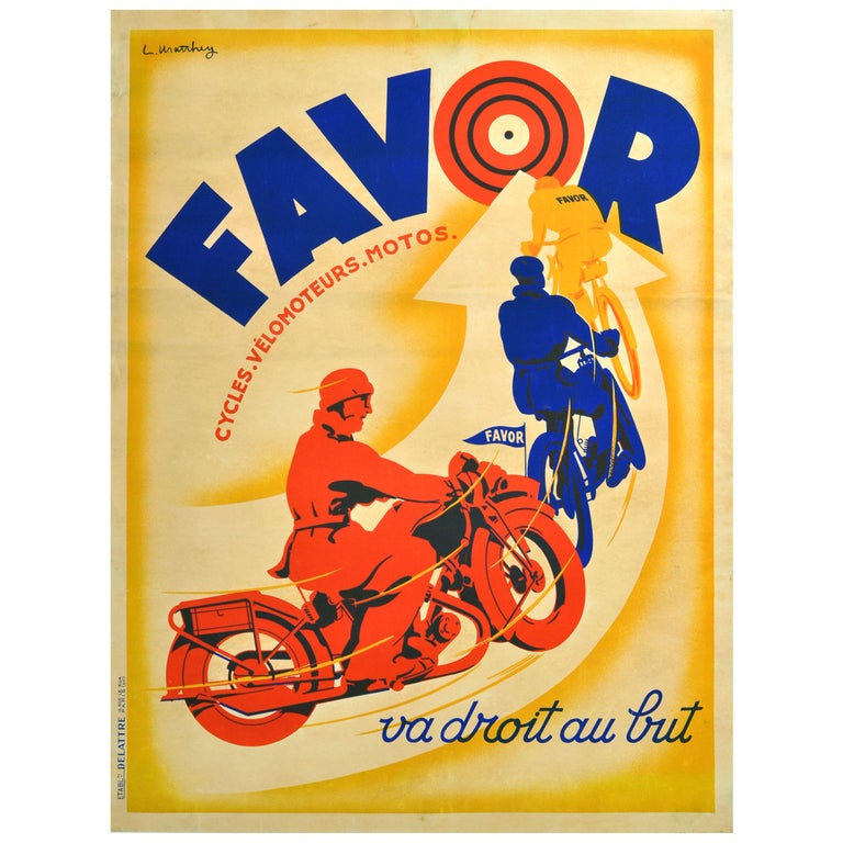 Original Vintage Art Deco Poster Favor Motorcycles and Cycles France To
